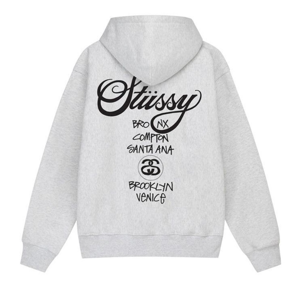 Stüssy World Tour Hoodie Ash Heather Small NWT Graphic Logo